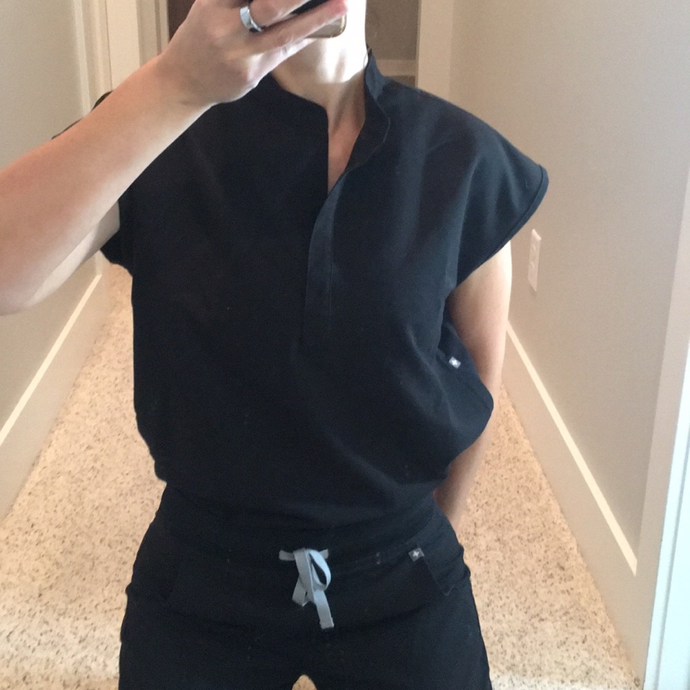 Figs mandarin collar black scrub top